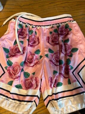 Kids Pink Rose Print Drawstring Shorts